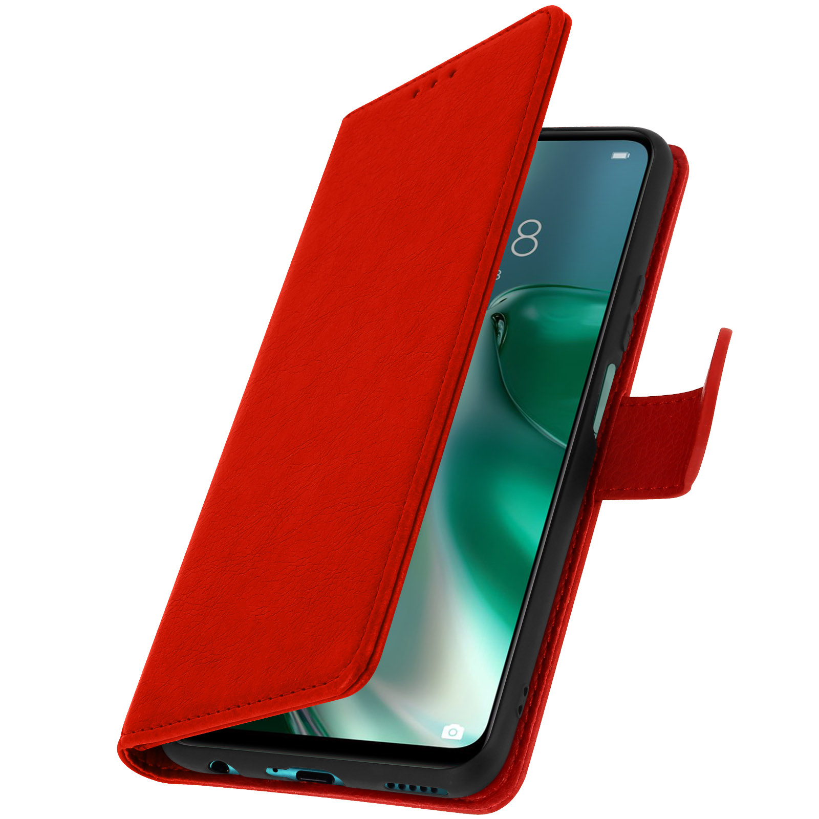 Custodia rossa per telefono, aperta, con un telefono dentro.