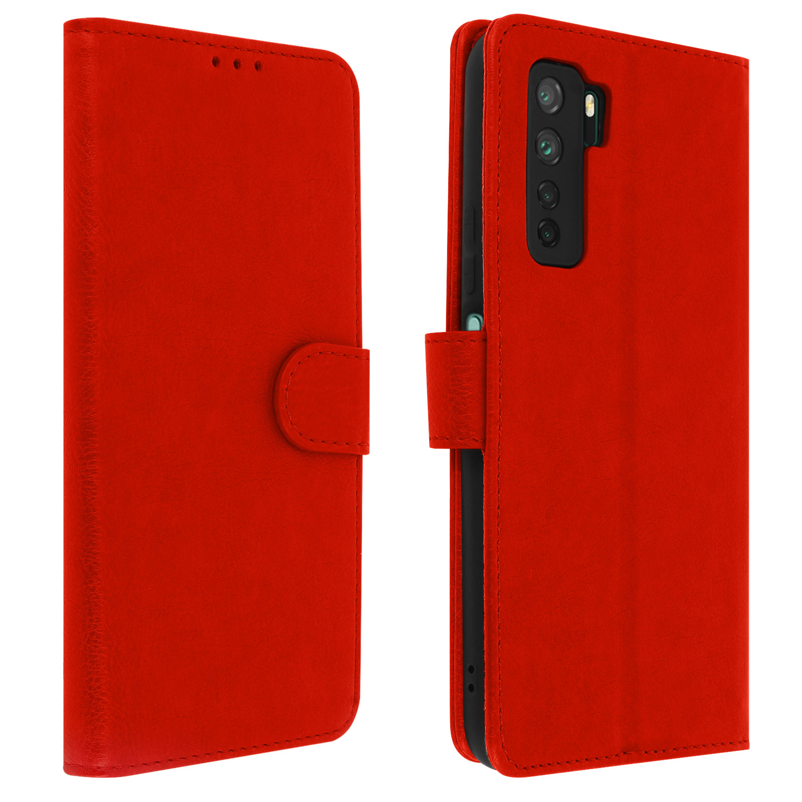 Custodia rossa per telefono, due viste. Custodia aperta mostra fotocamera a destra.