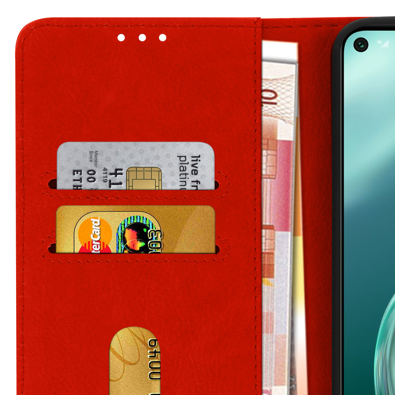 Custodia rossa per telefono, aperta, con denaro e carte. Il telefono è sul lato destro.