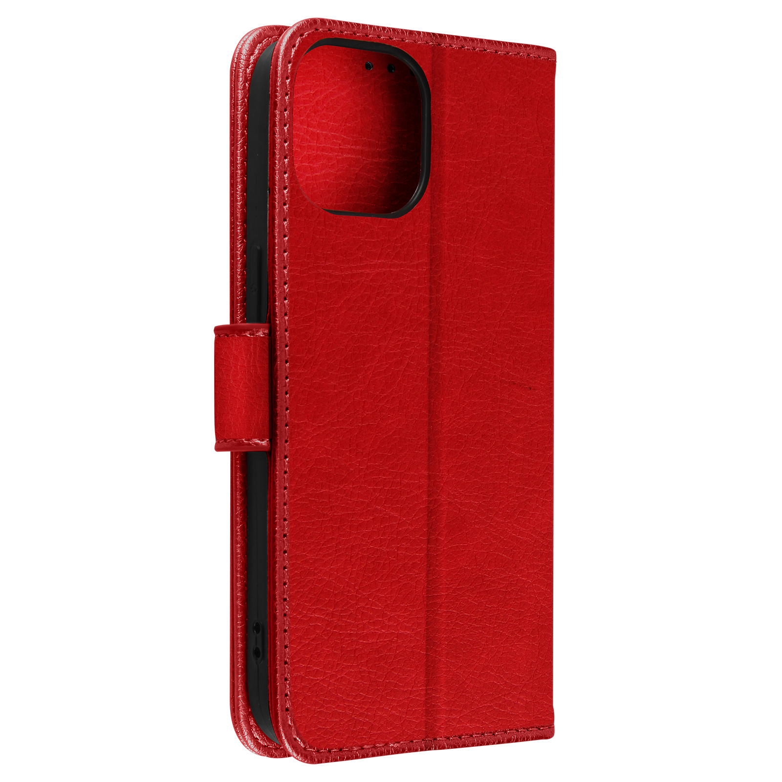 Custodia per telefono rossa, chiusa. L'interno è nero. È una custodia a libro.