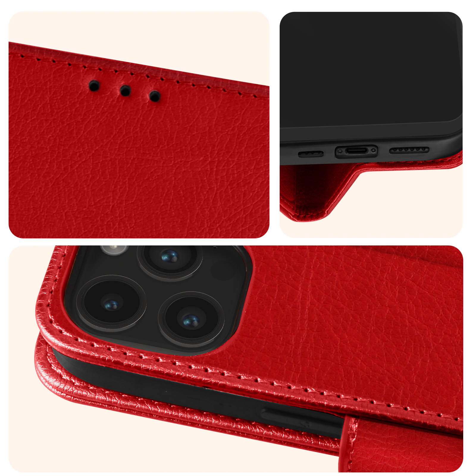 Tre primi piani di una custodia rossa per telefono. Mostrano cuciture, porte e ritagli della fotocamera in dettaglio.