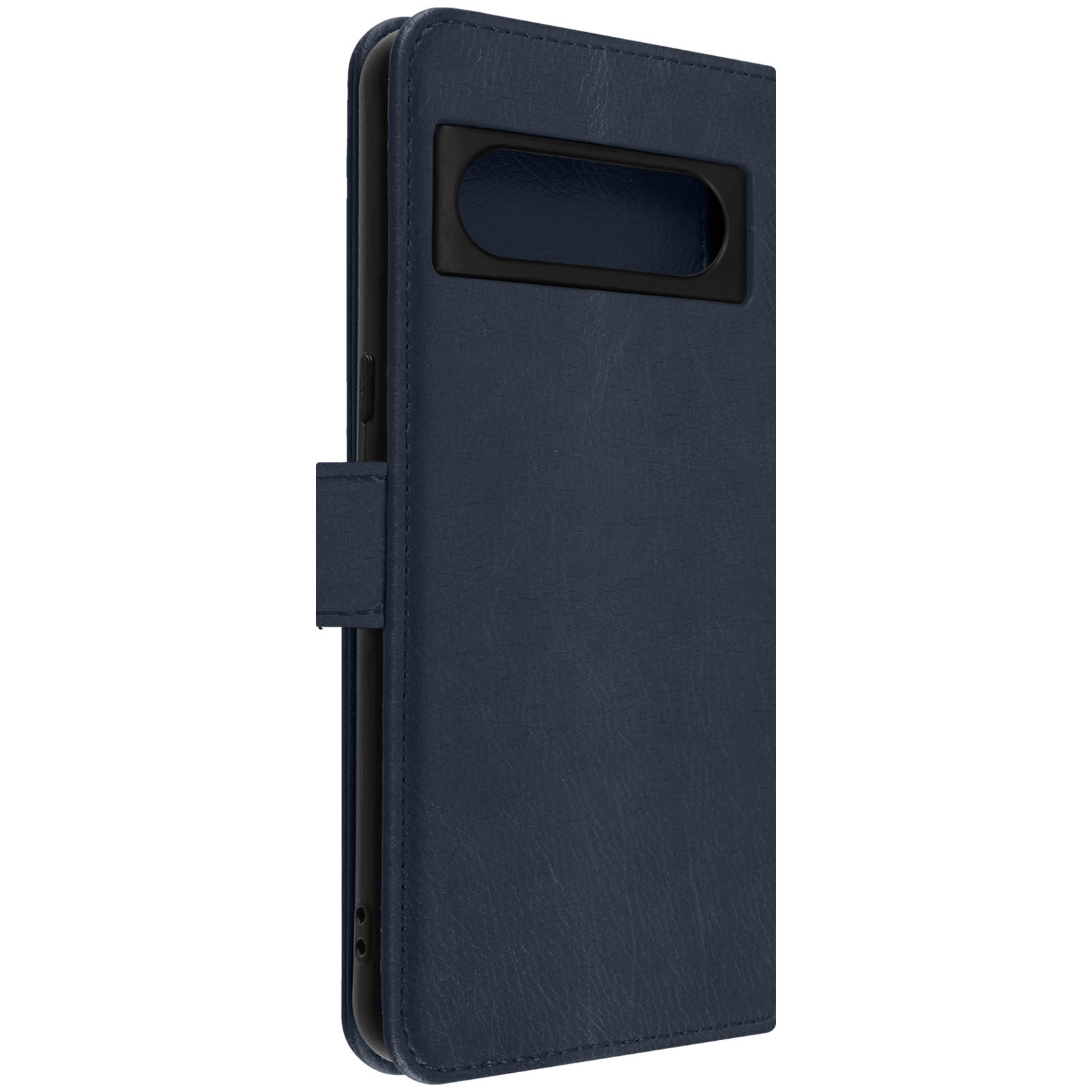 Custodia blu per telefono. Ha un rettangolo nero. La custodia è chiusa. Ha un cinturino magnetico.