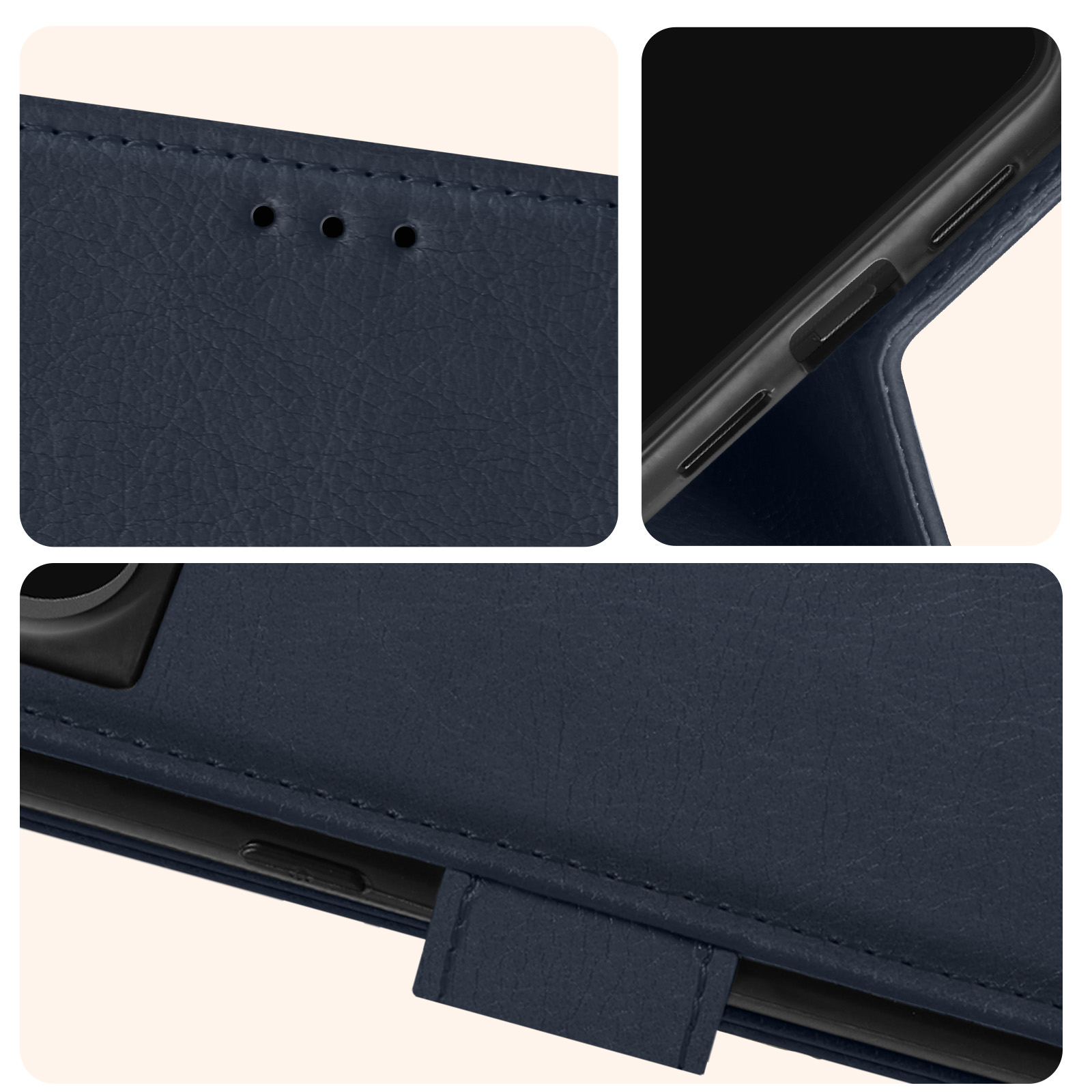 Primo piano di una custodia per telefono in pelle blu, dettagli: cuciture, fori, chiusura.