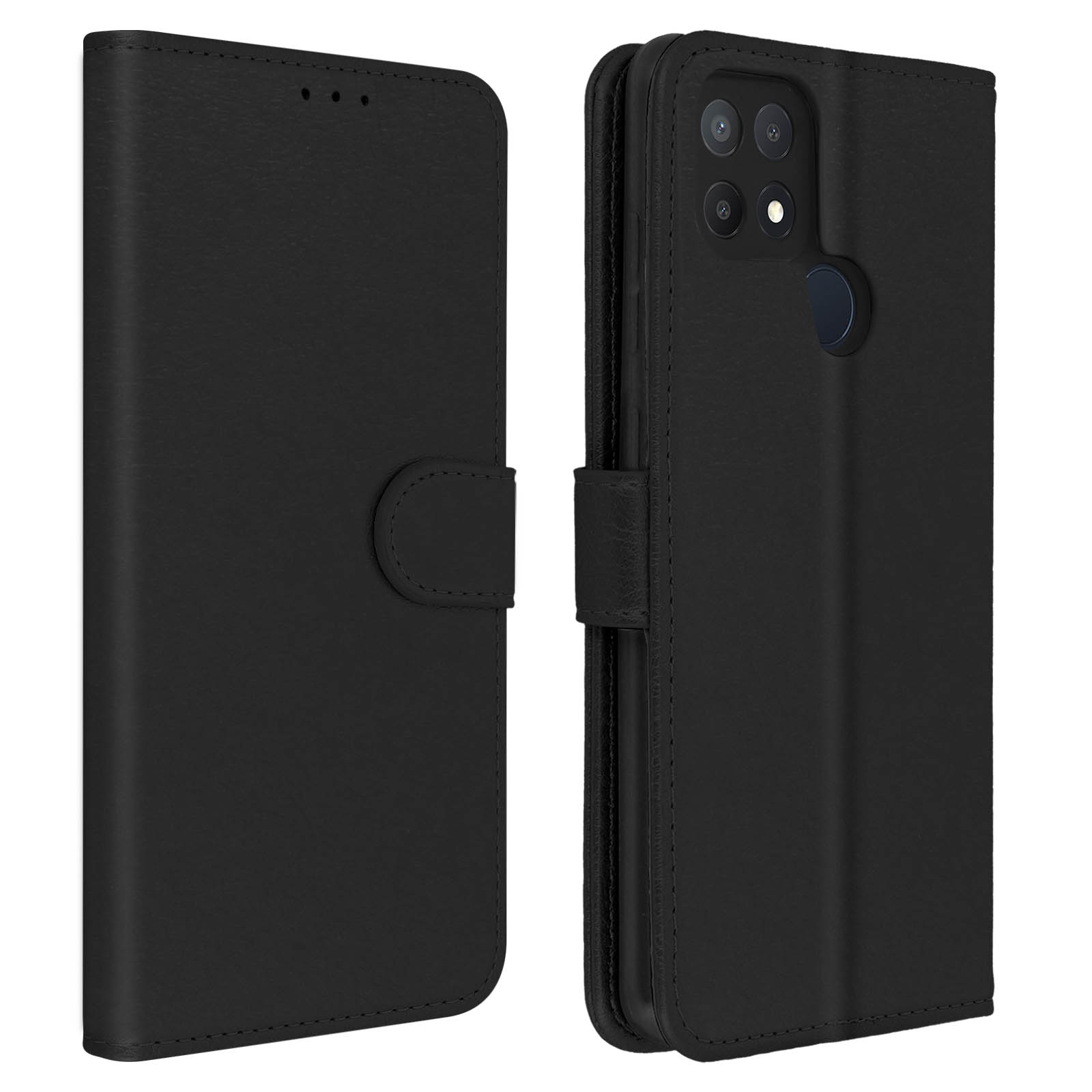 Custodia per telefono nera, aperta, che mostra l'area della fotocamera.
