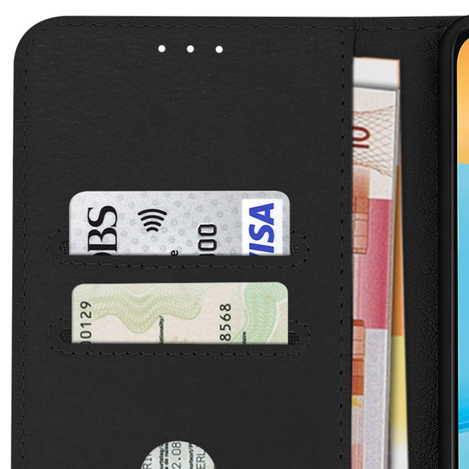 Interno di una custodia per telefono che mostra un porta carte e un porta soldi. Le carte e il denaro sono visibili.