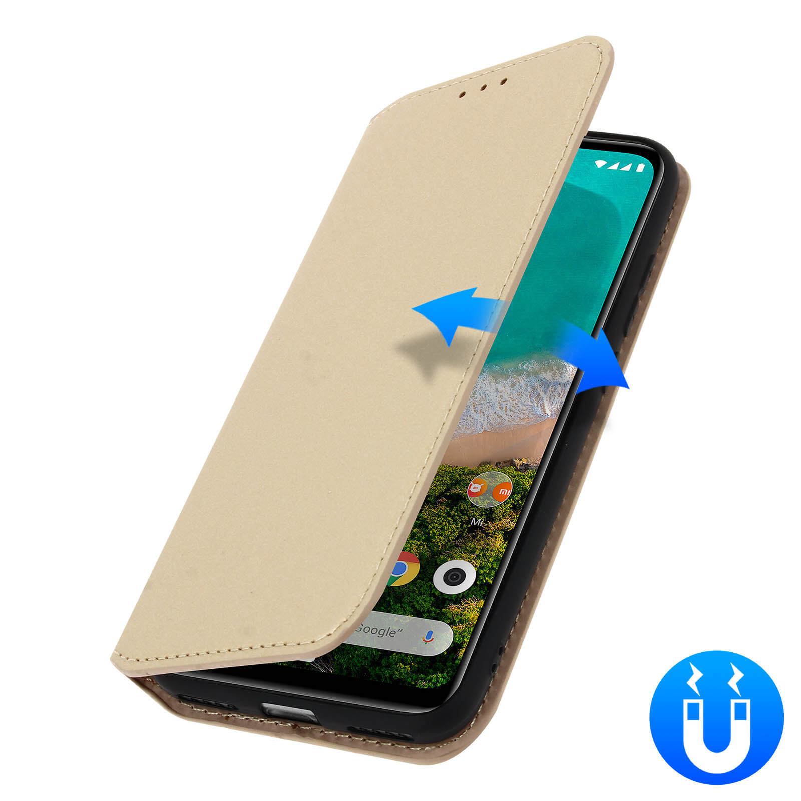 Una custodia beige per telefono aperta, che mostra lo schermo del telefono, con un simbolo magnetico.