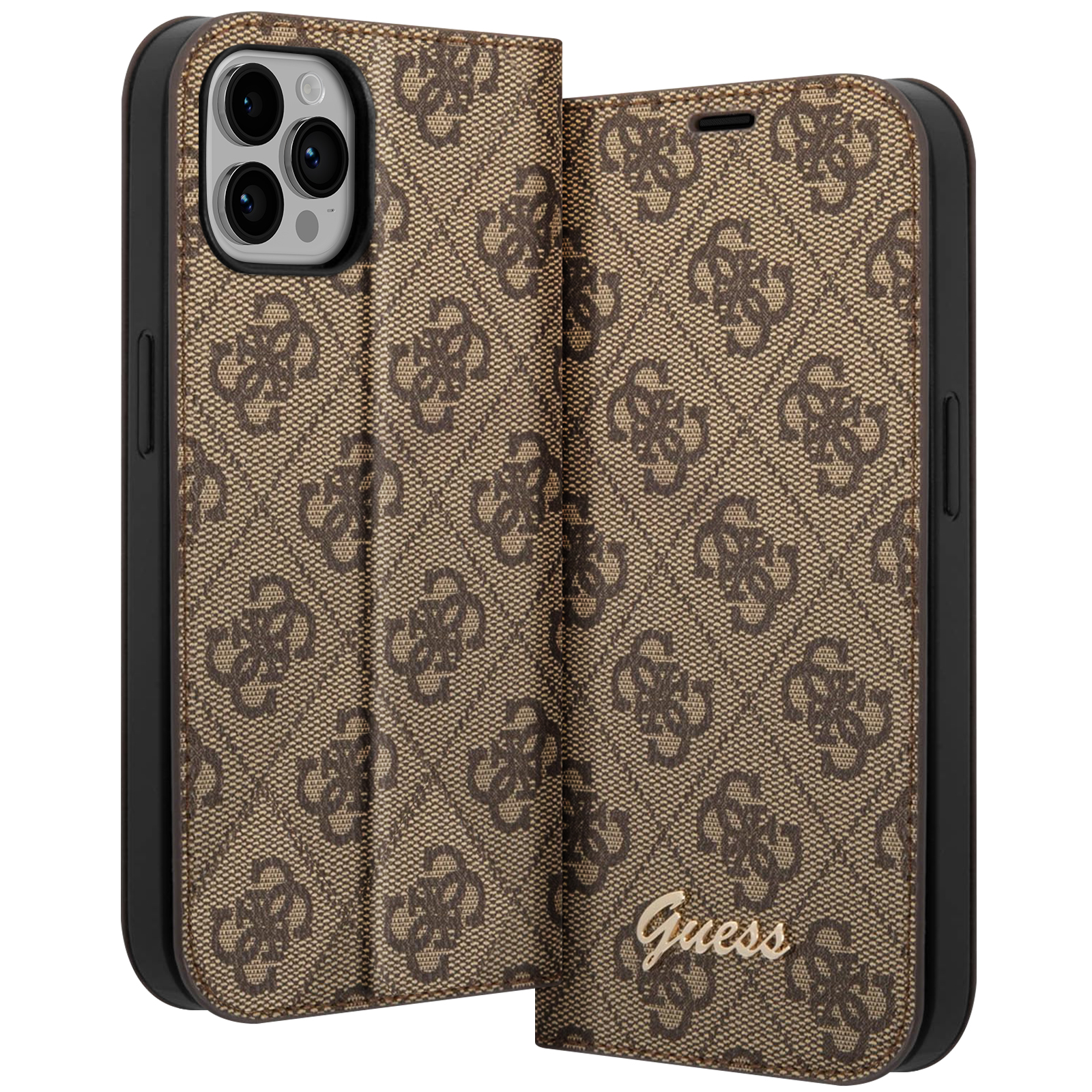Custodia per telefono Guess marrone, aperta, con motivo e logo Guess visibile.