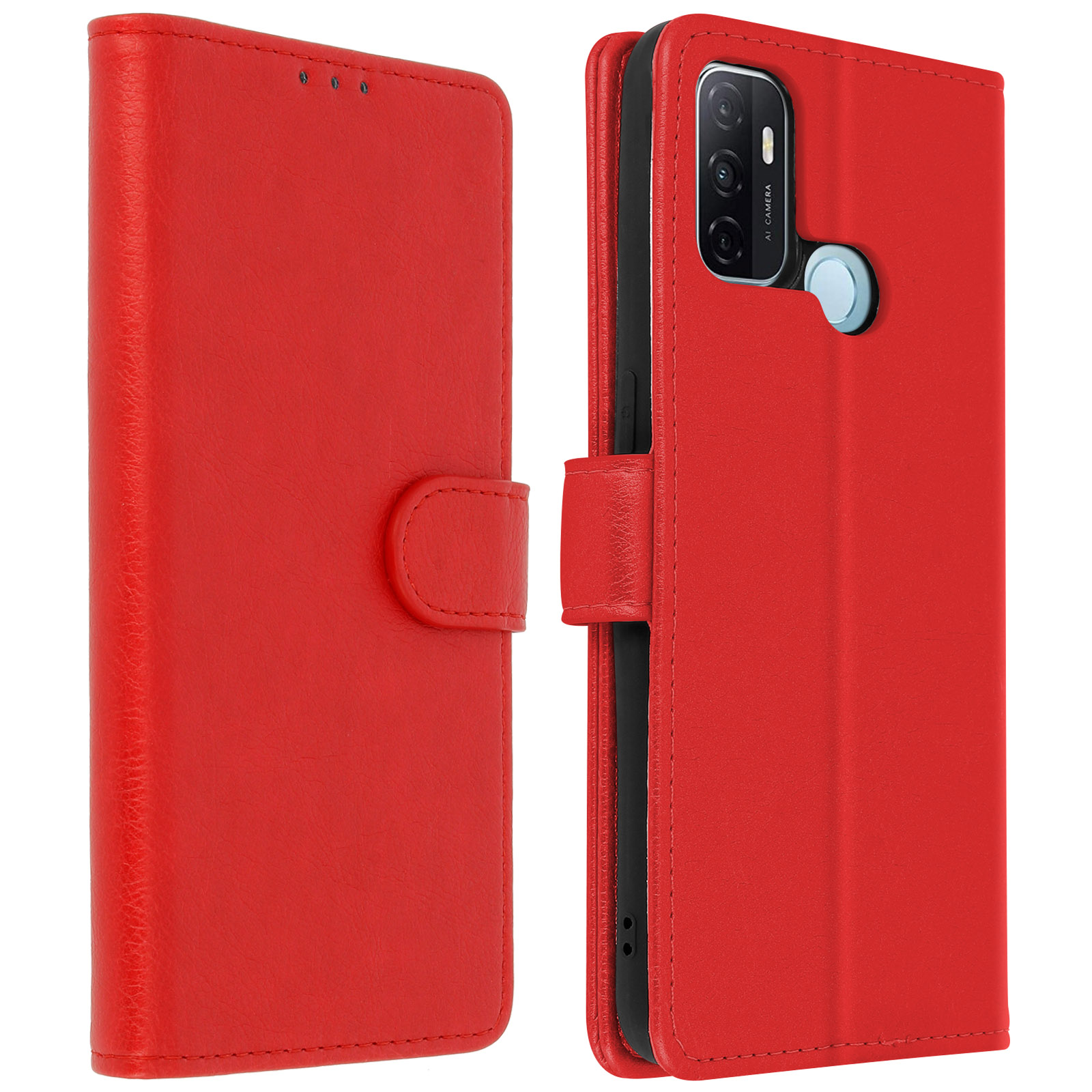 Custodia per telefono rossa, aperta, che mostra il telefono. Pulsanti e fotocamera visibili. Pelle rossa.