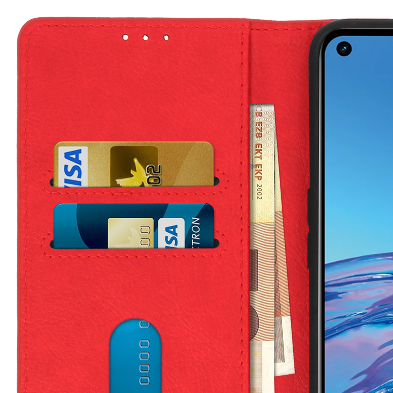 Custodia per telefono rossa aperta con carte e contanti, con telefono visibile all'interno.