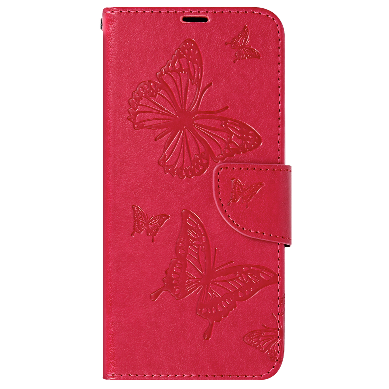 Custodia per telefono rossa con design a farfalle. La custodia è chiusa. Le farfalle sono in rilievo.