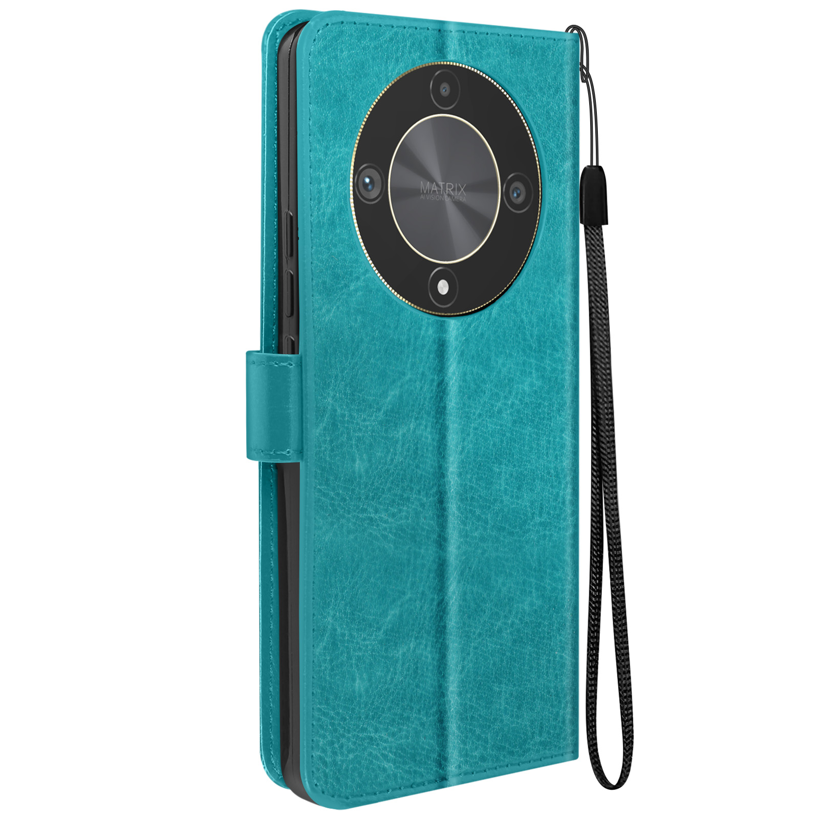 Custodia per telefono turchese con design fotocamera circolare, cinturino nero. La custodia è chiusa.