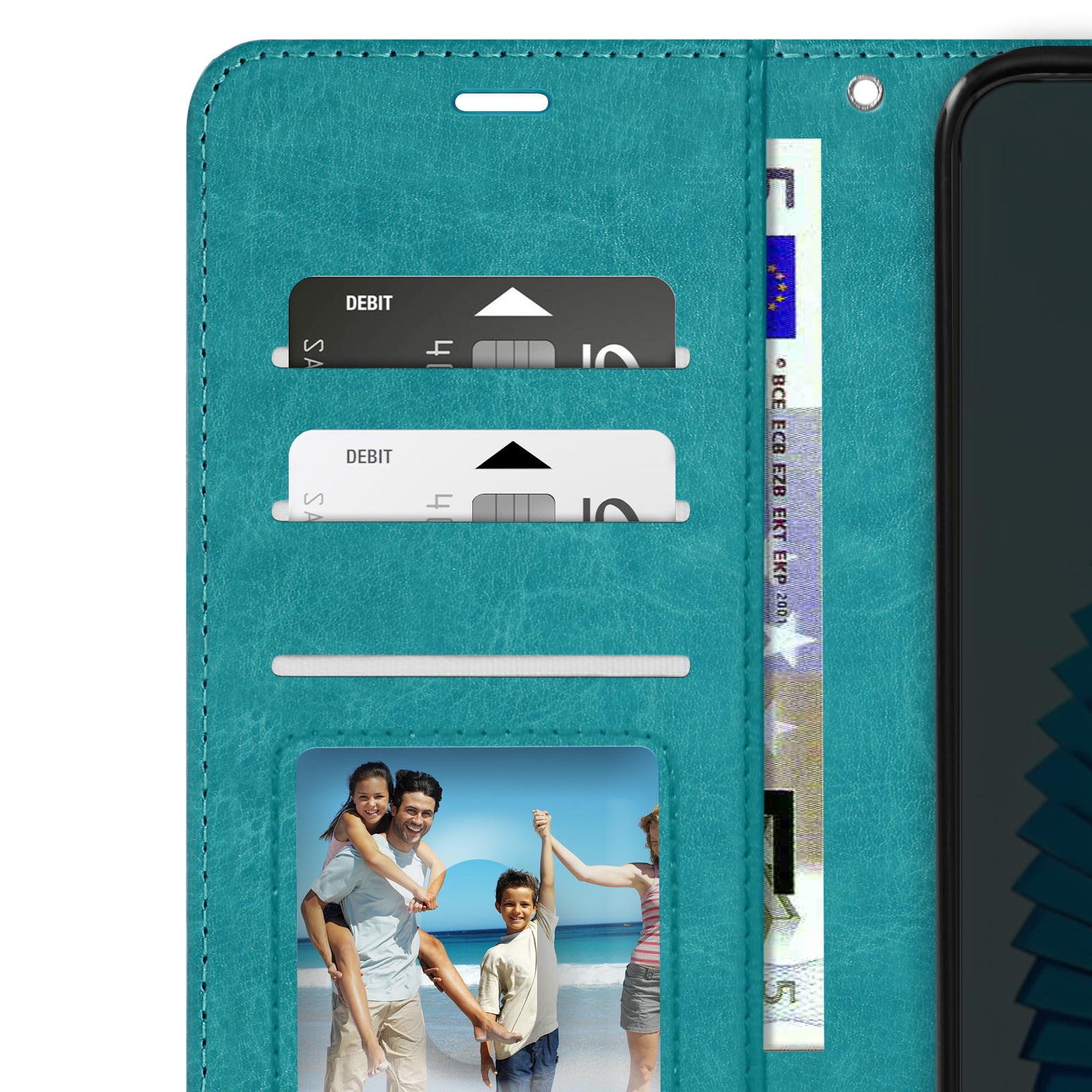 Custodia per telefono turchese aperta, con scomparti per carte e foto di famiglia. Banconota nella fessura.