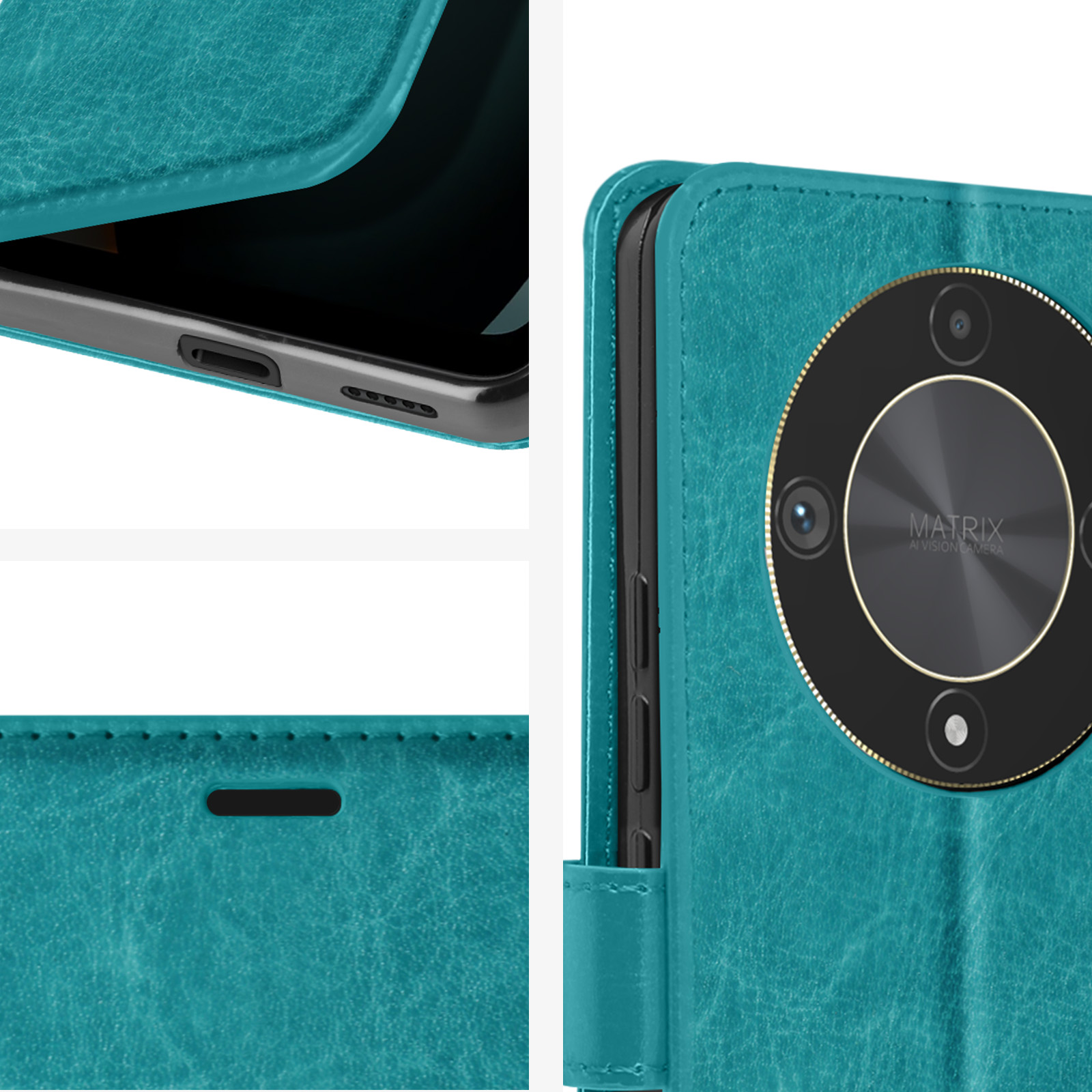 Primo piano di una custodia per telefono verde acqua con il telefono all'interno. Fotocamera Matrix.