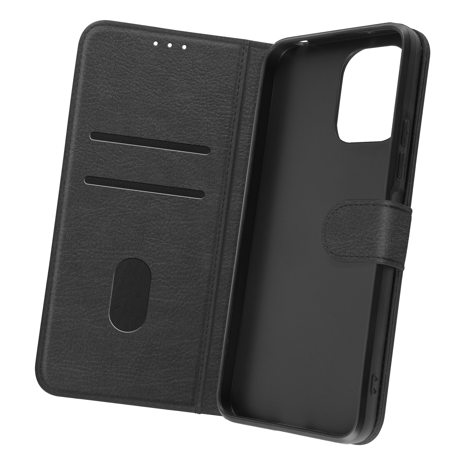 Custodia nera per telefono, aperta, che mostra supporto interno e fessure per carte. Realizzata in materiale strutturato.