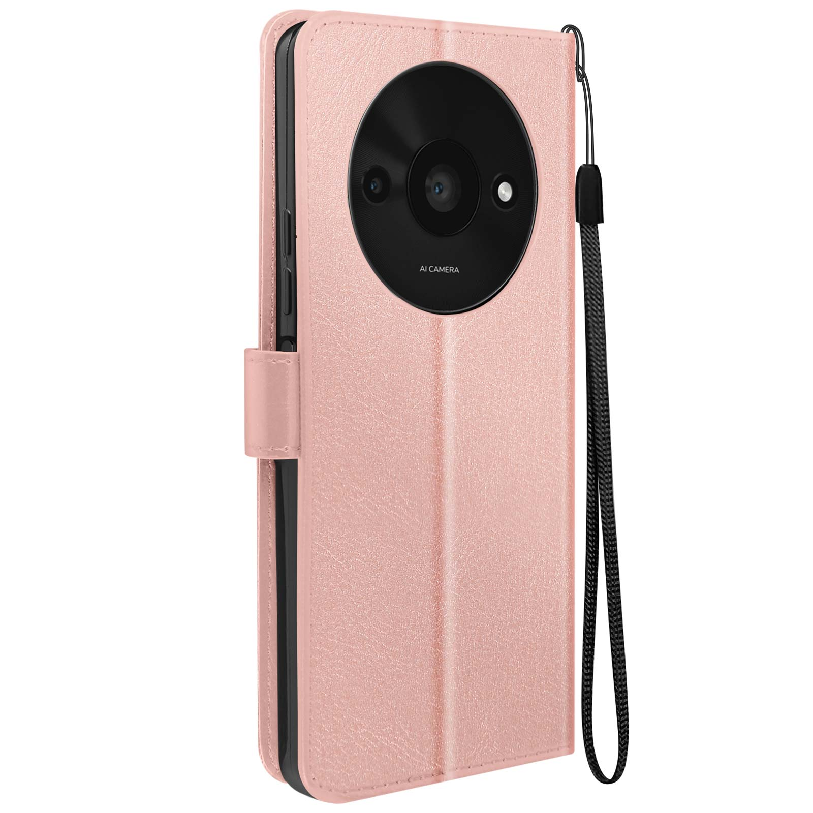 Custodia per telefono rosa, chiusa e aperta, con telefono visibile.