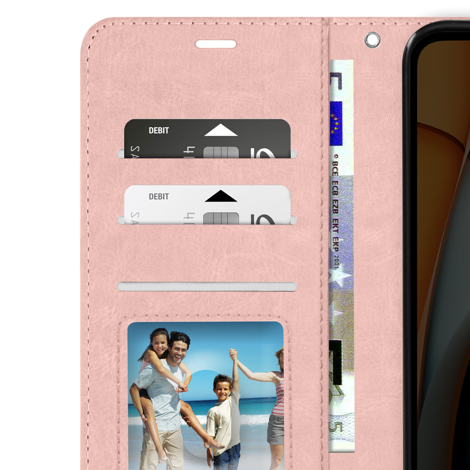 Custodia per telefono rosa aperta, con carte di credito, denaro e foto di famiglia.