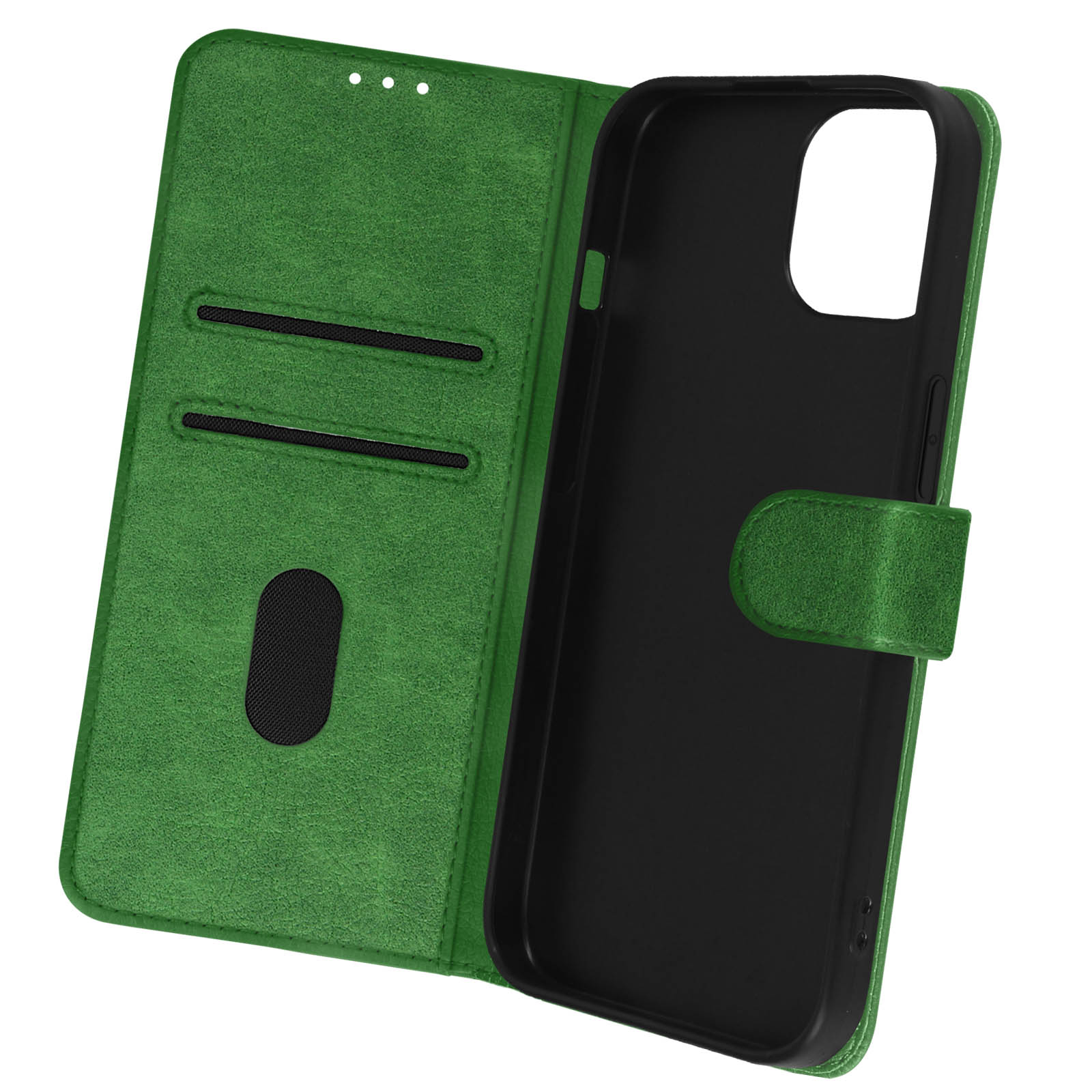 Custodia per telefono verde, aperta. C'è un telefono dentro. Ci sono fessure per le carte. La custodia è su una superficie bianca.