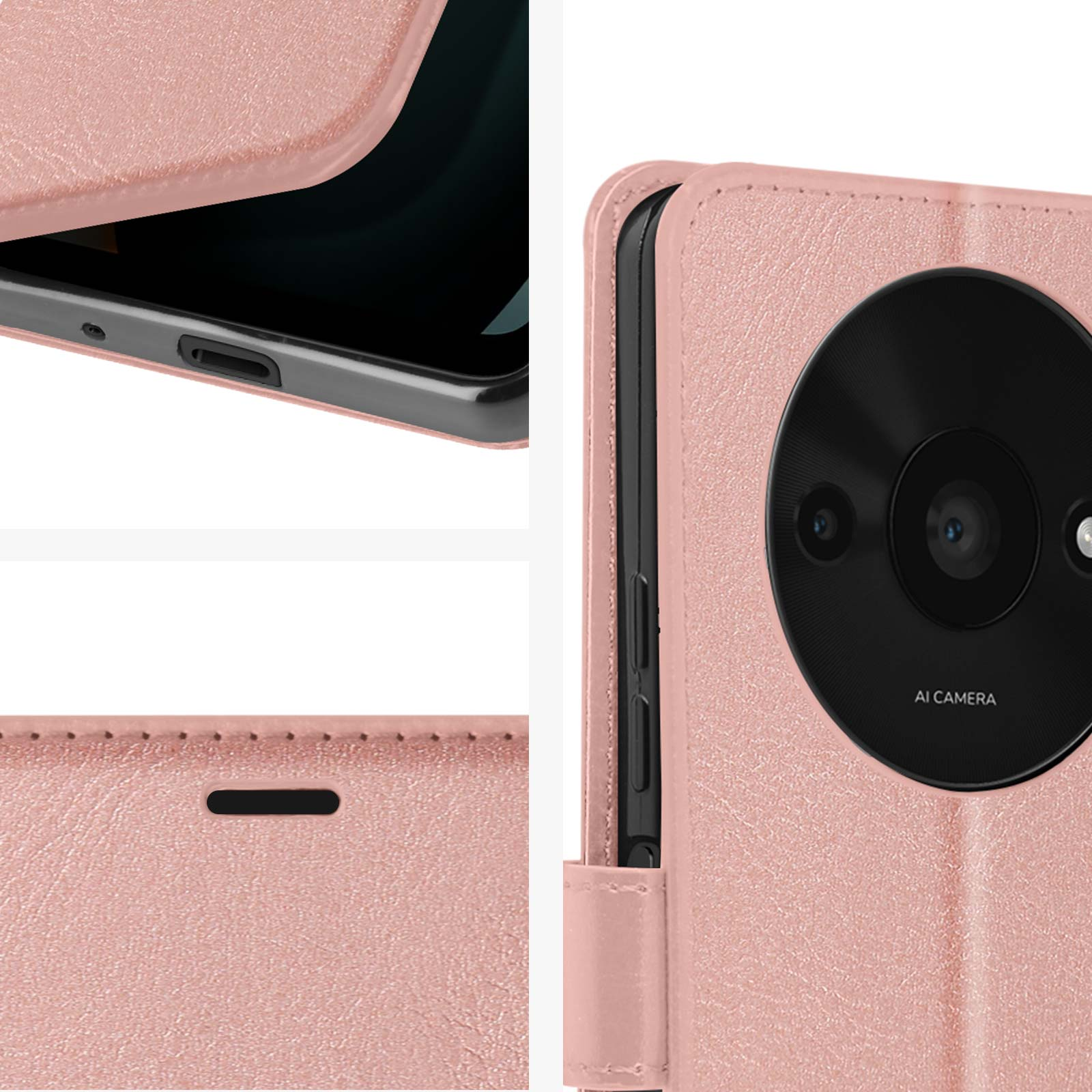 Dettagli della custodia rosa del telefono, che mostrano fotocamera e custodia.