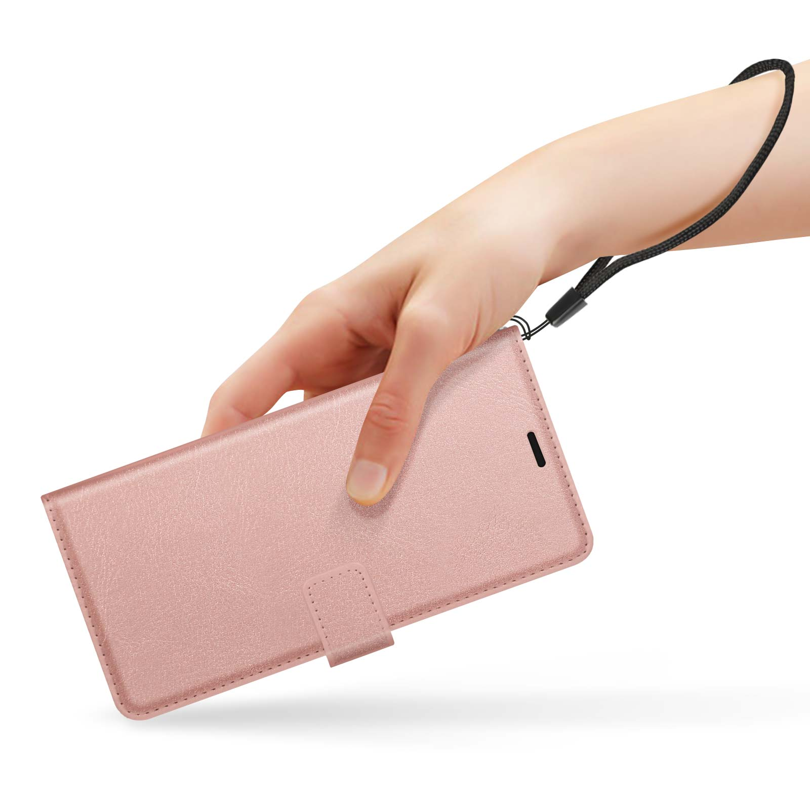 Una mano tiene una custodia rosa con un cinturino. La custodia è chiusa con un bottone.
