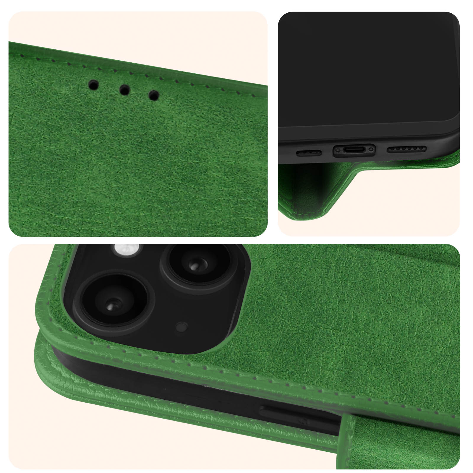 Primi piani di una custodia verde, che mostrano cuciture, fori e l'area della fotocamera.