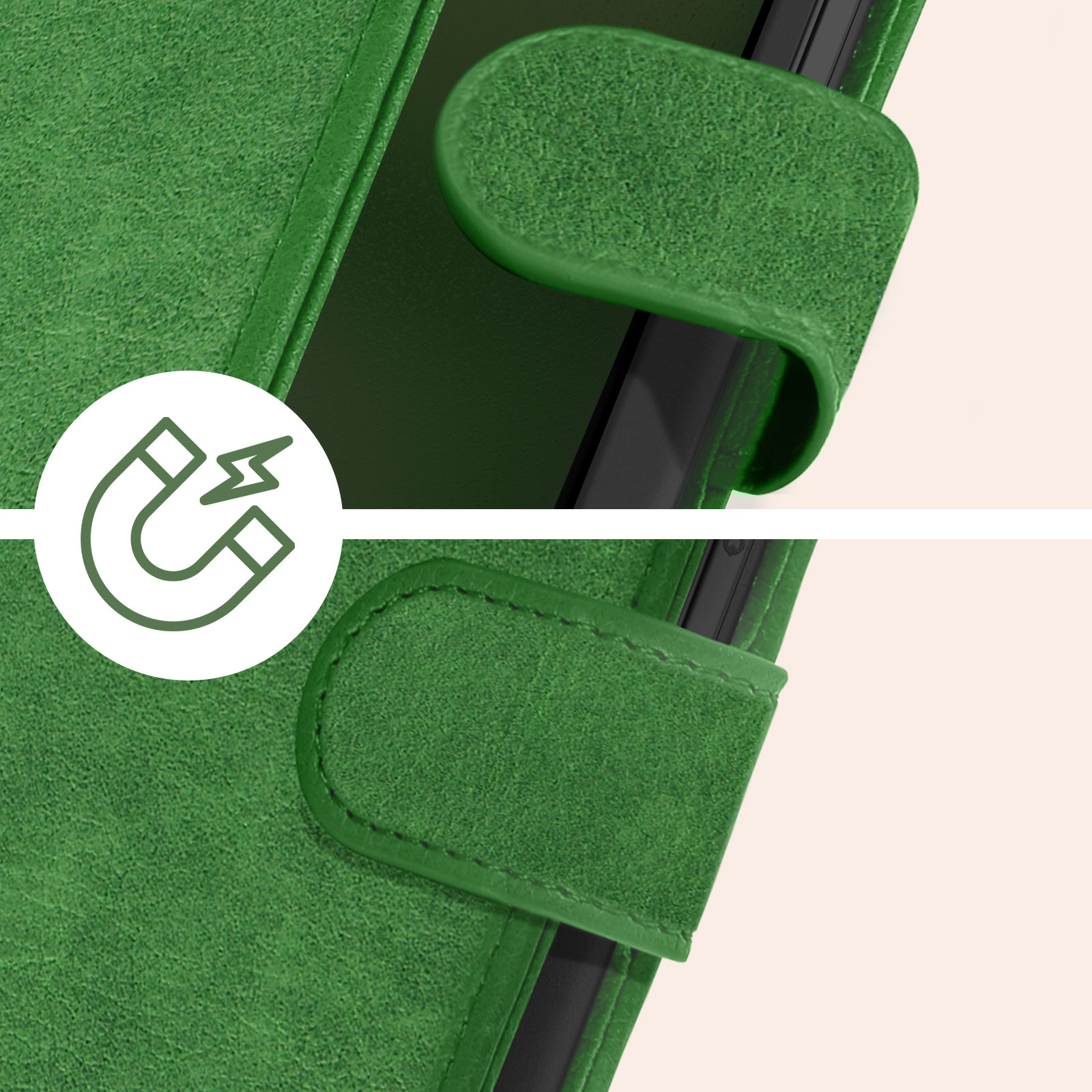 Primo piano di una custodia per telefono verde con un'icona di chiusura magnetica. Sfondo chiaro.