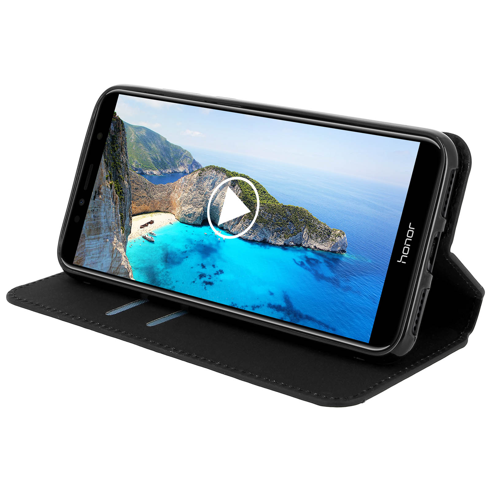 Custodia per telefono nera con schermo che mostra una scena di spiaggia, aperta ad angolo. La custodia ha fessure per carte.