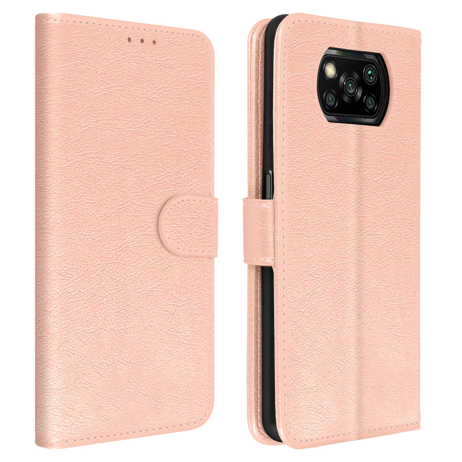 Custodia per telefono rosa aperta, con telefono all'interno. Ha una chiusura e una finitura strutturata.