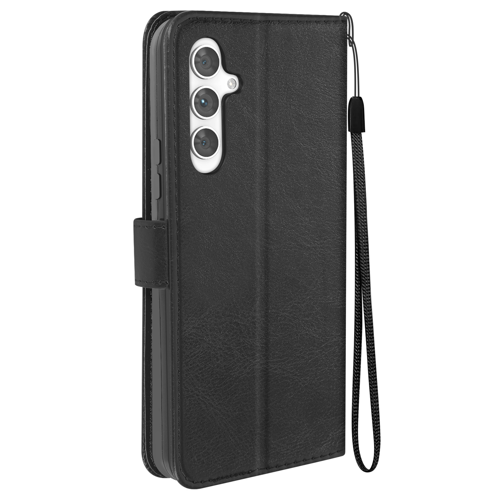 Custodia nera per telefono con tre fotocamere e cinturino da polso.