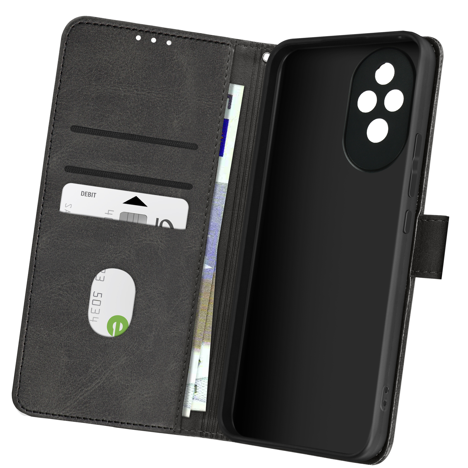 Schwarze Handyhülle, offen mit Kartenfächern und einer Geldtasche. Telefoninnenraum ist schwarz.