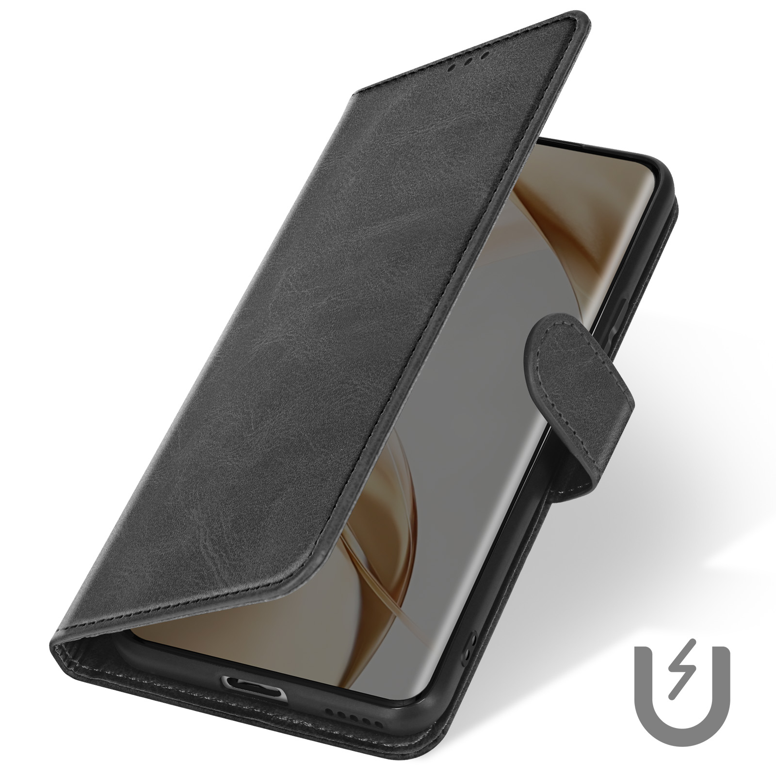 Schwarze Handyhülle, offen, mit Telefon. Magnetsymbol rechts. Weißer Hintergrund.