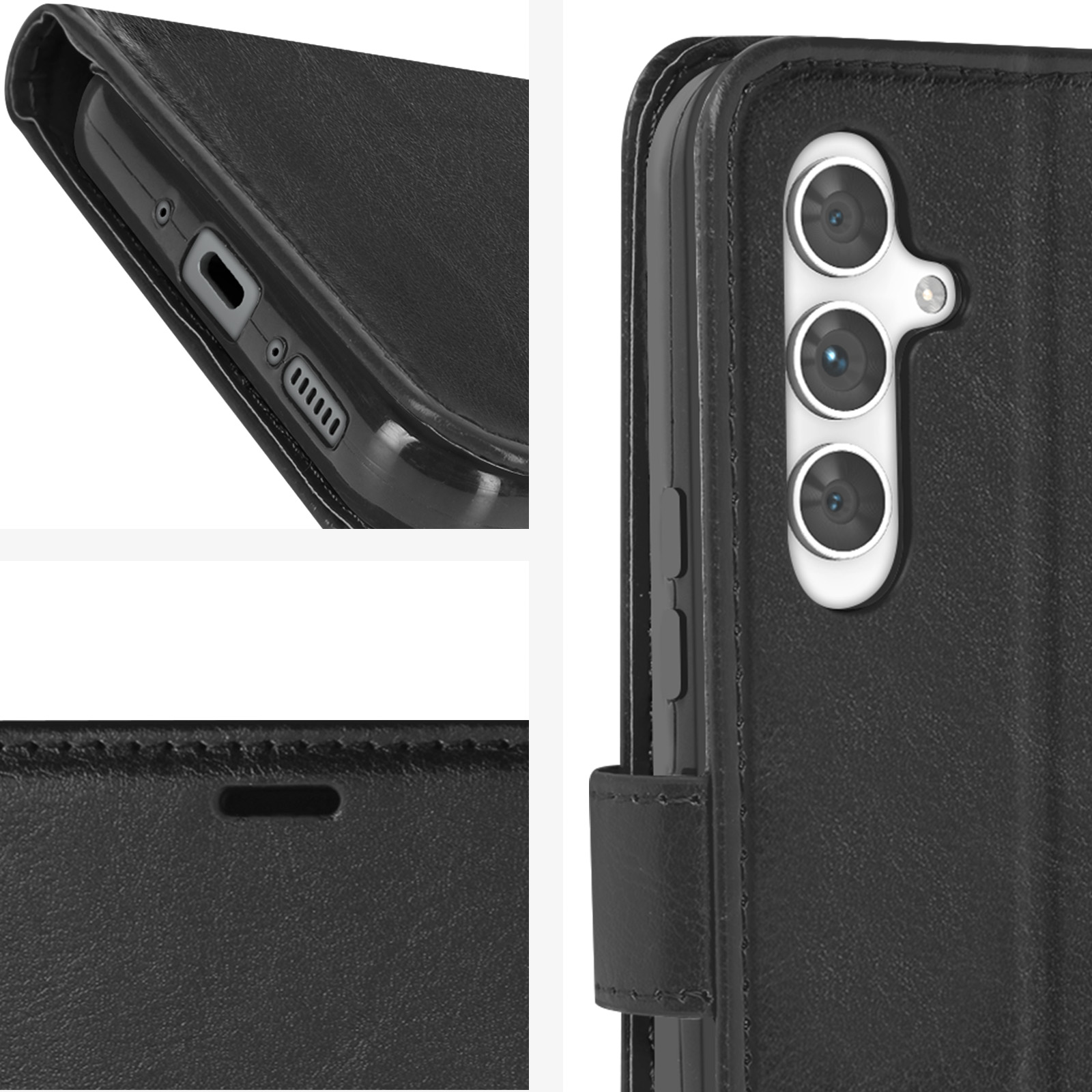 Custodia per telefono nera con telefono all'interno, che mostra i dettagli dei pulsanti e delle triple fotocamere.