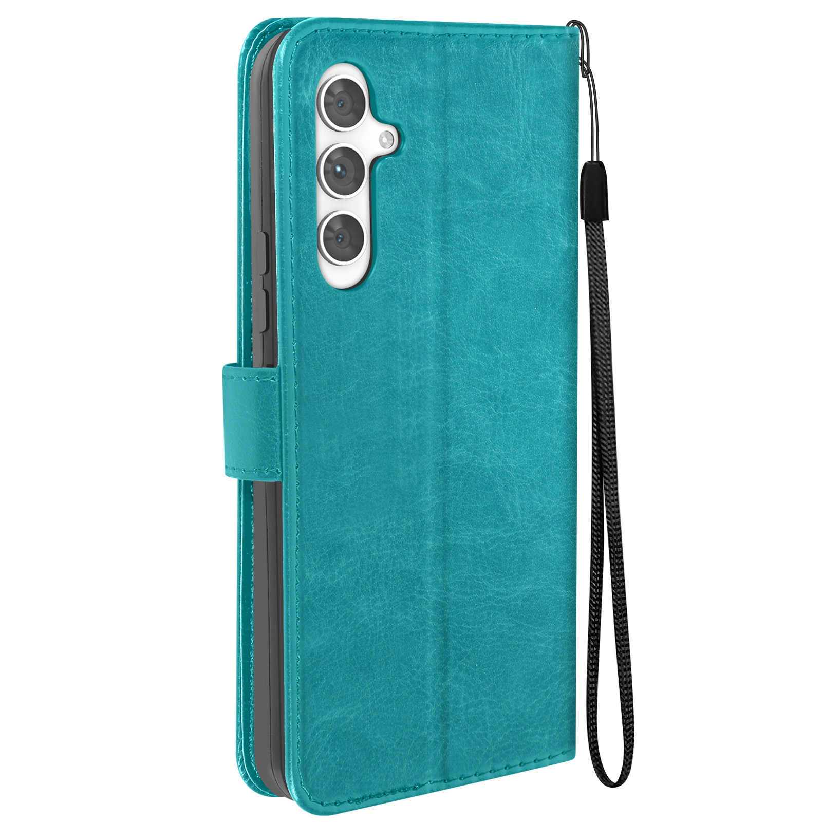 Custodia per telefono verde acqua, chiusa. Caratteristiche: tre fotocamere, cinturino e chiusura magnetica.