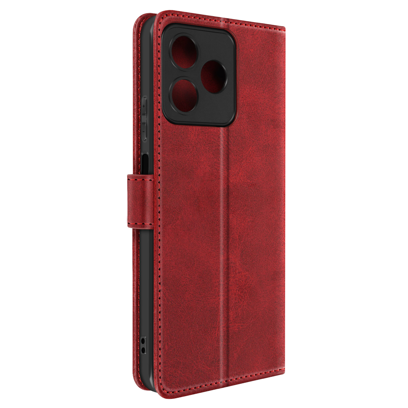 Custodia per telefono rossa, chiusa. La custodia ha una superficie liscia e strutturata e una chiusura magnetica.