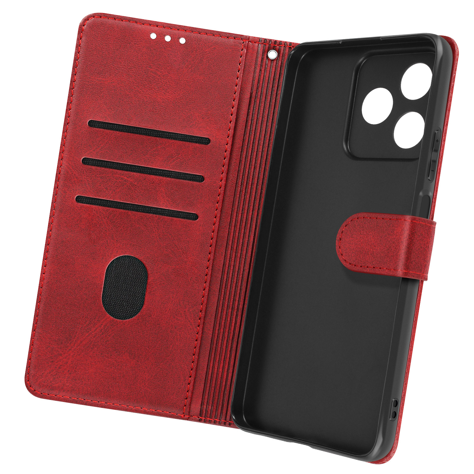 Custodia per telefono in pelle rossa, aperta. Guscio interno nero con fessure e chiusura magnetica.
