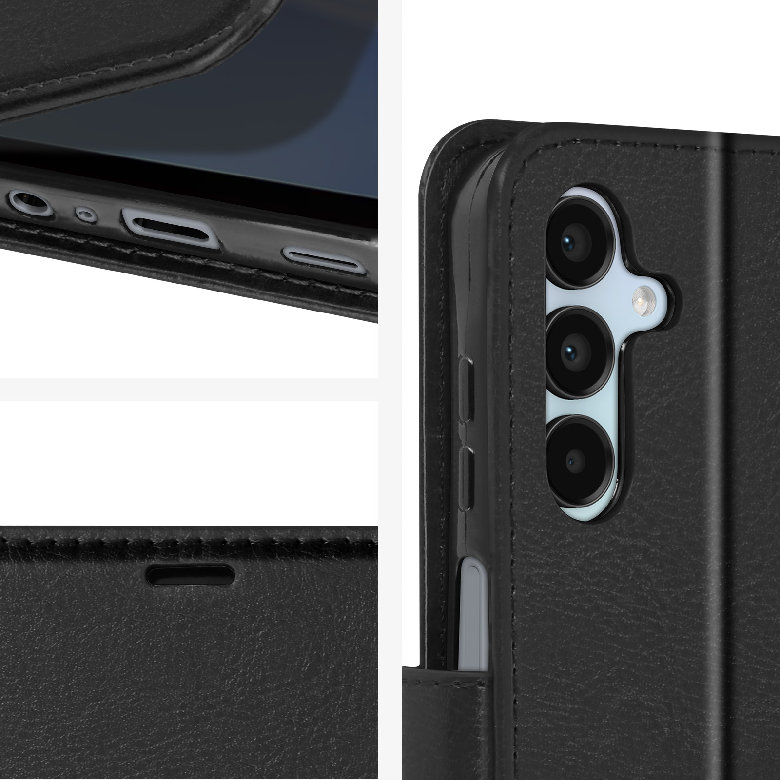 Primo piano di una custodia per telefono, che mostra obiettivi della fotocamera, pulsanti e porte. Pelle nera.