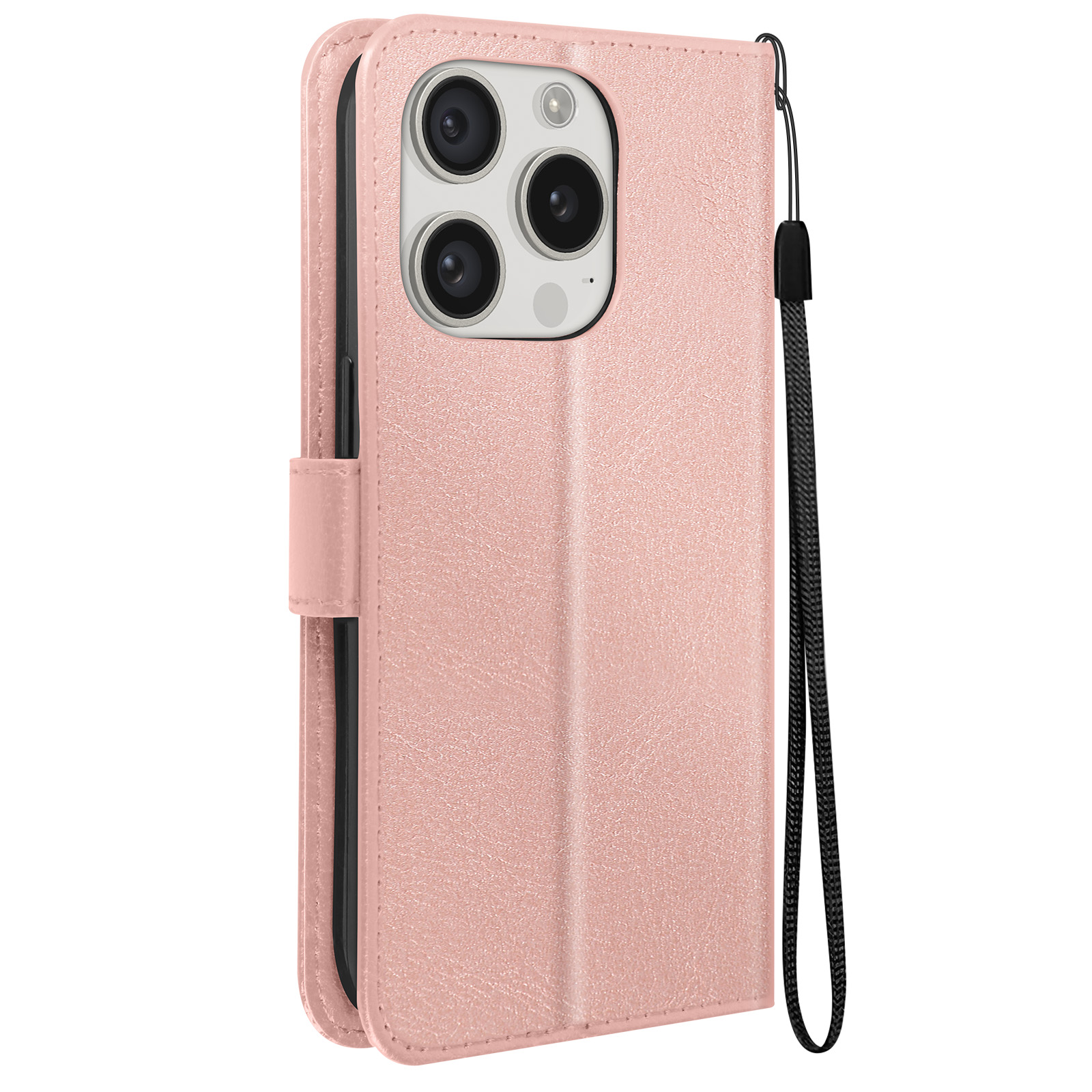 Una custodia rosa, aperta, rivela un telefono e un cinturino. La custodia ha una chiusura a bottone.