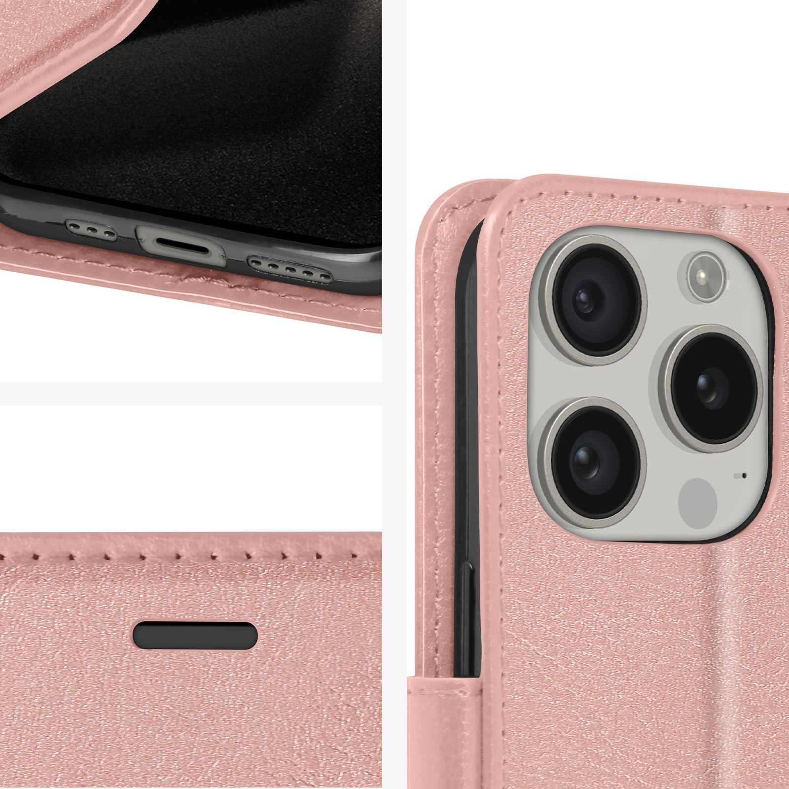 Custodia per telefono rosa con viste ravvicinate. La custodia presenta ritagli per la fotocamera e un aspetto in pelle strutturata.