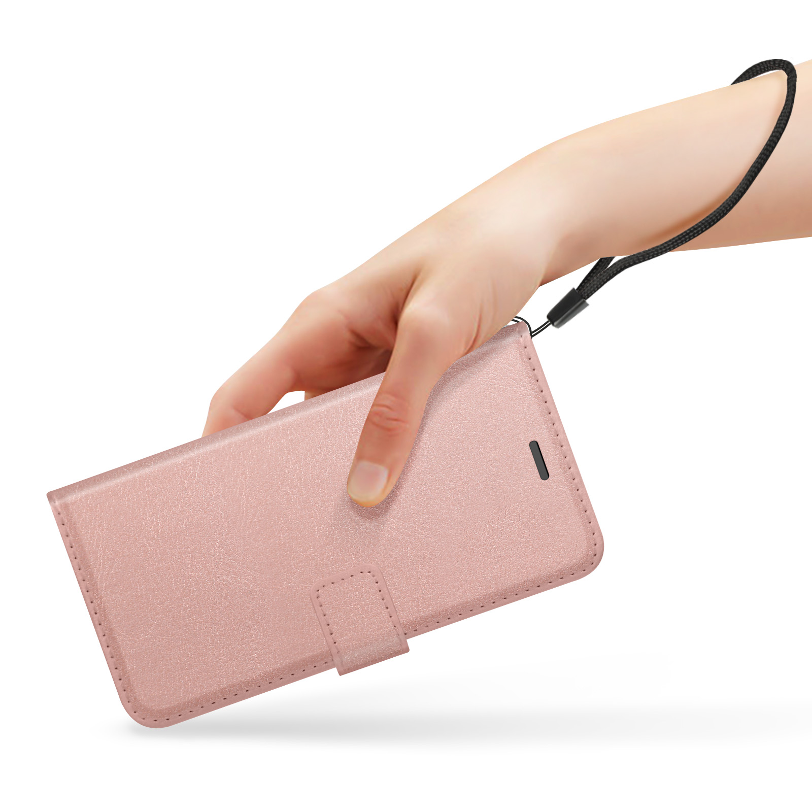 Una mano tiene una custodia rosa per telefono con una cinghia. La custodia ha una chiusura.