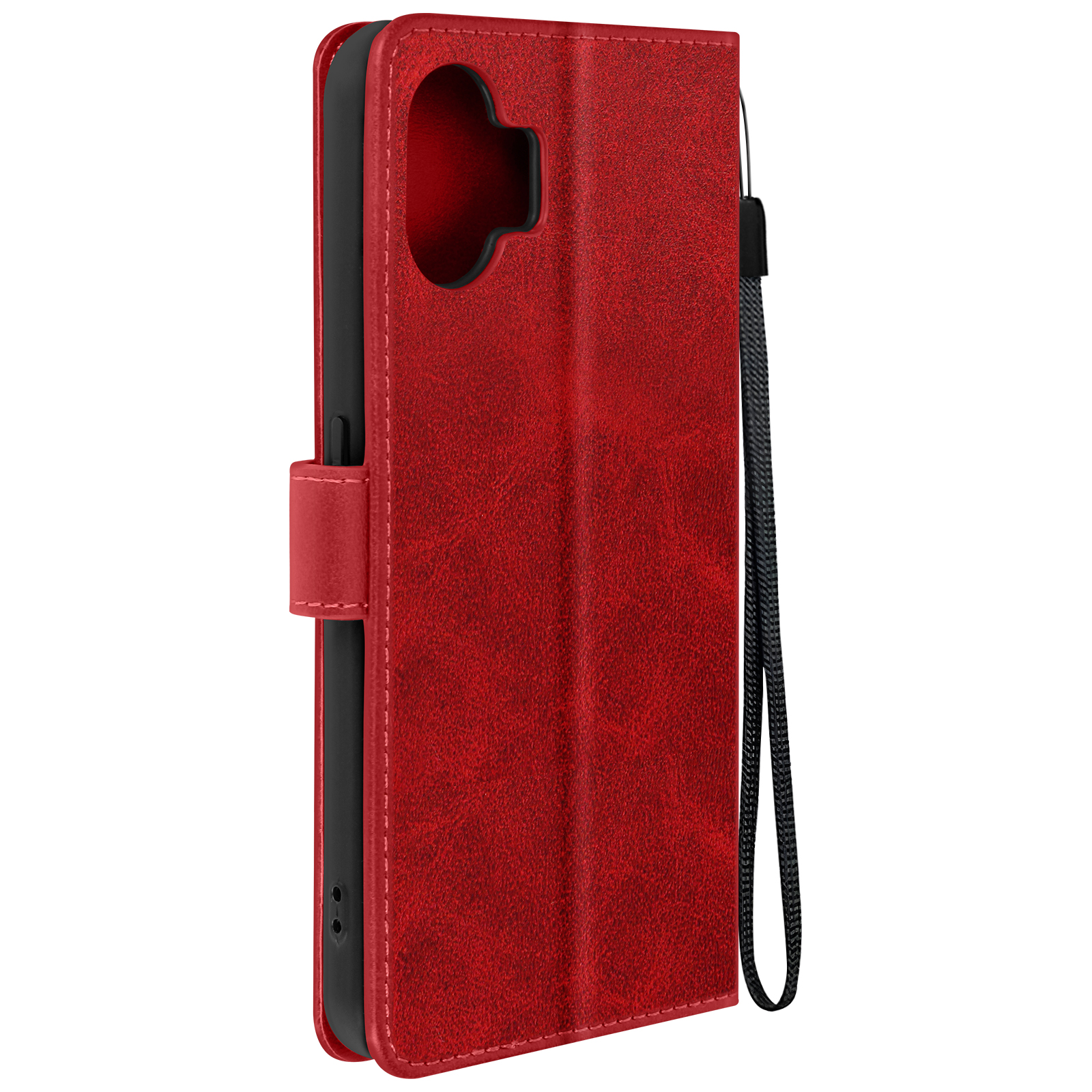 Custodia per telefono rossa con cinturino, chiusa, con chiusura magnetica.