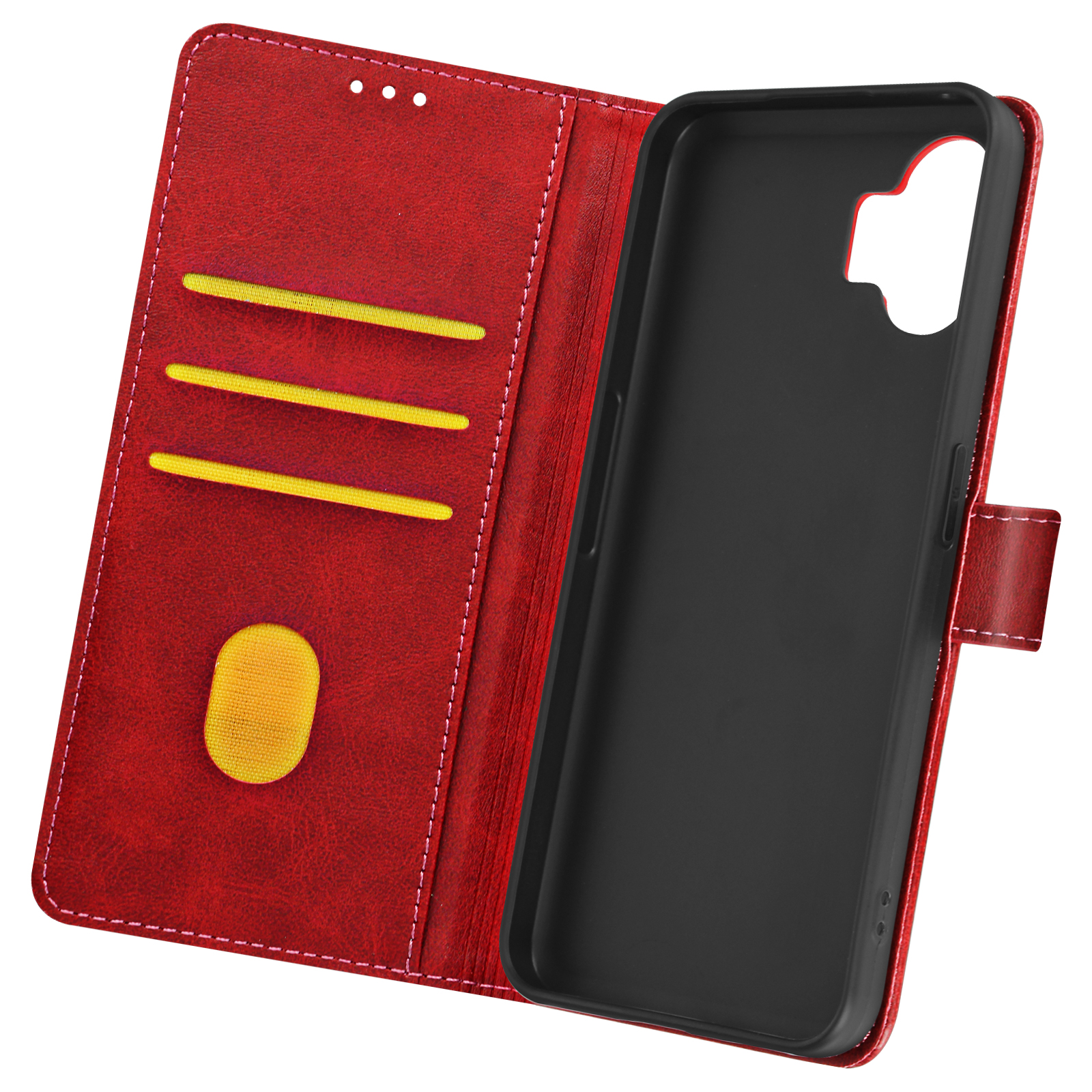 Custodia per telefono rossa aperta con scomparti per carte, porta carte giallo e telefono nero all'interno.