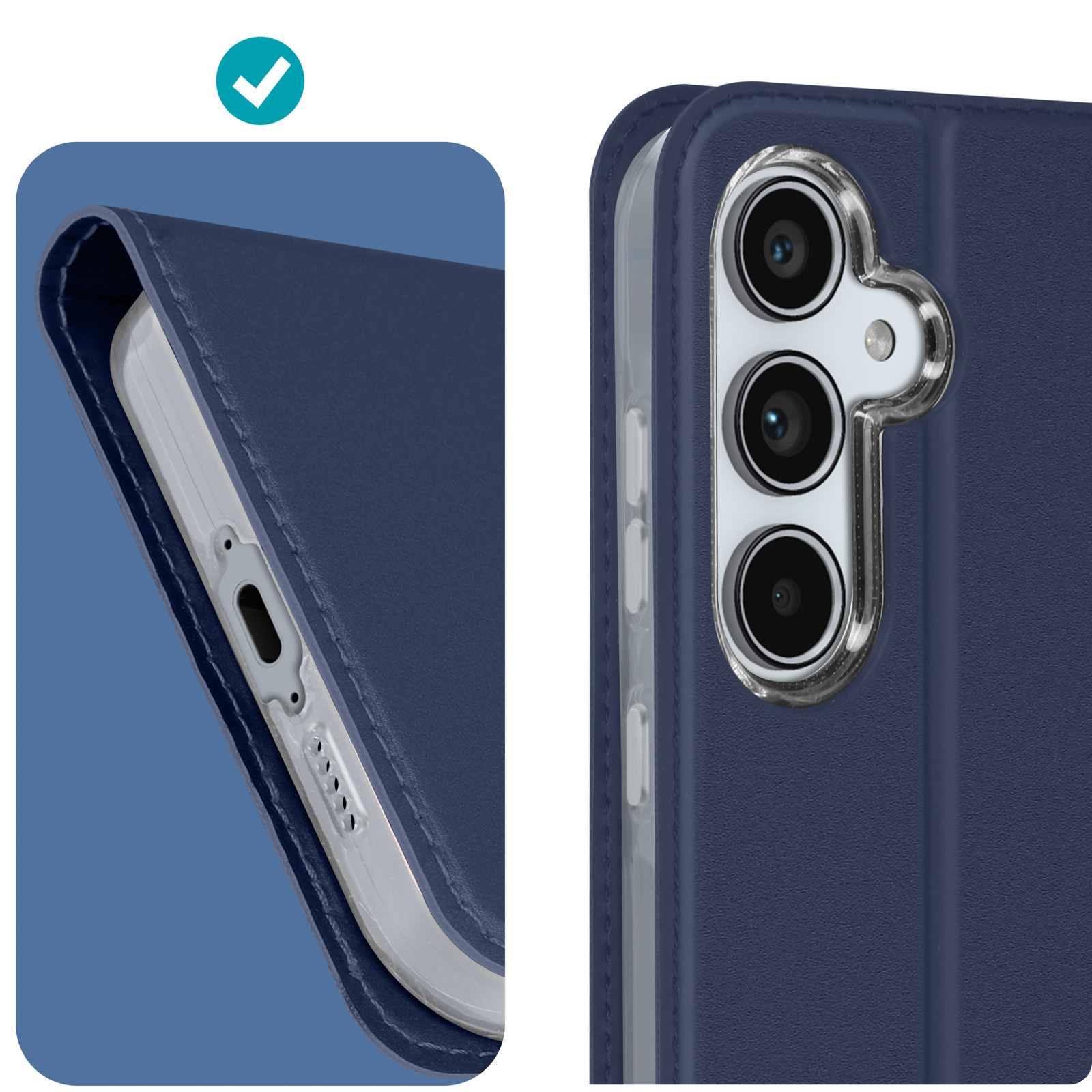 Gros plan d'un téléphone dans un étui bleu. La caméra et le port de charge du téléphone sont visibles.