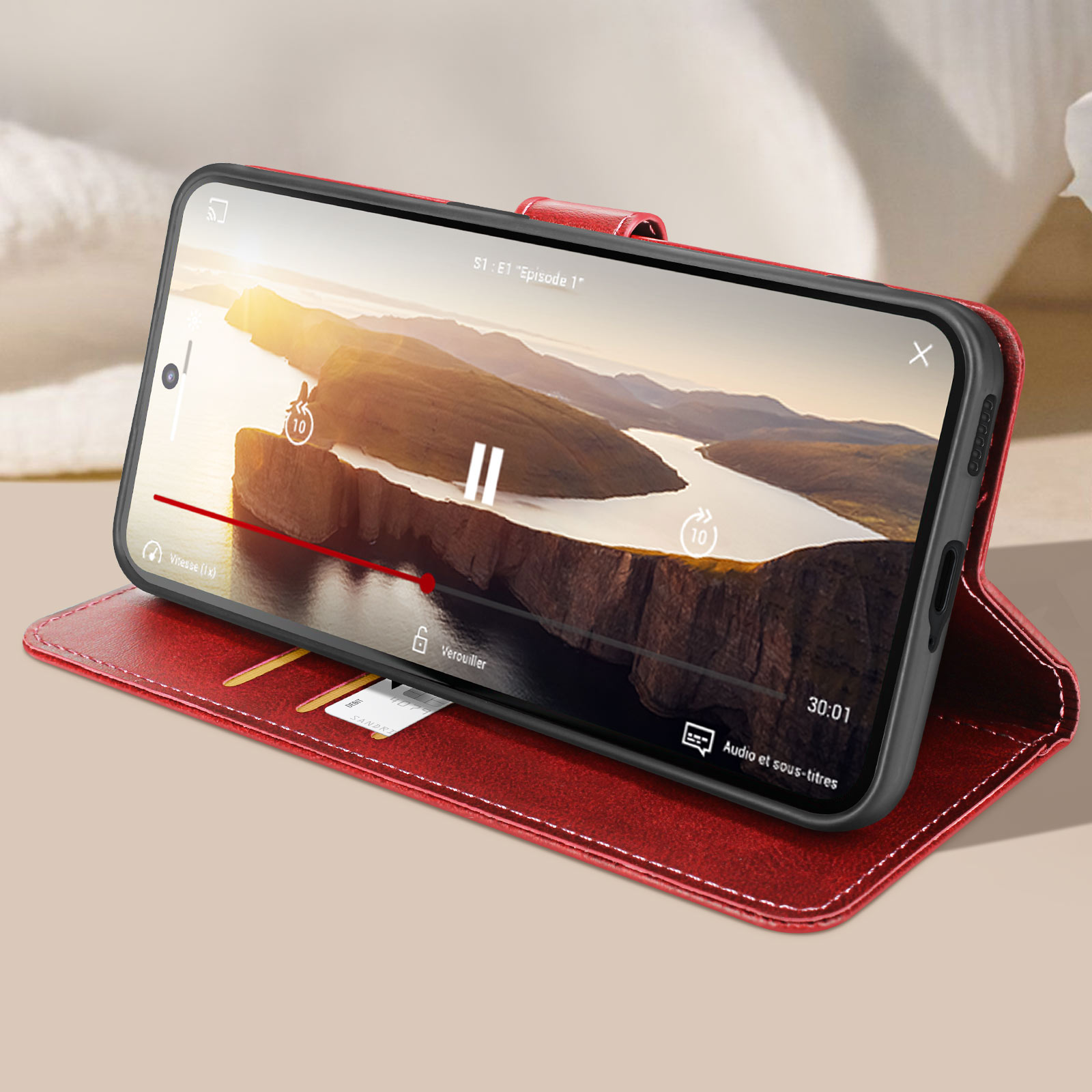Custodia rossa per telefono, telefono mostra video, con fessure per carte.