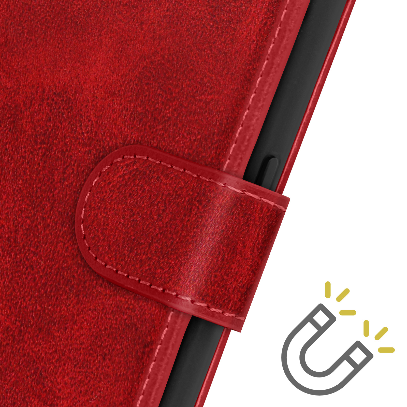 Custodia per telefono in pelle rossa con chiusura magnetica e icona magnete gialla.