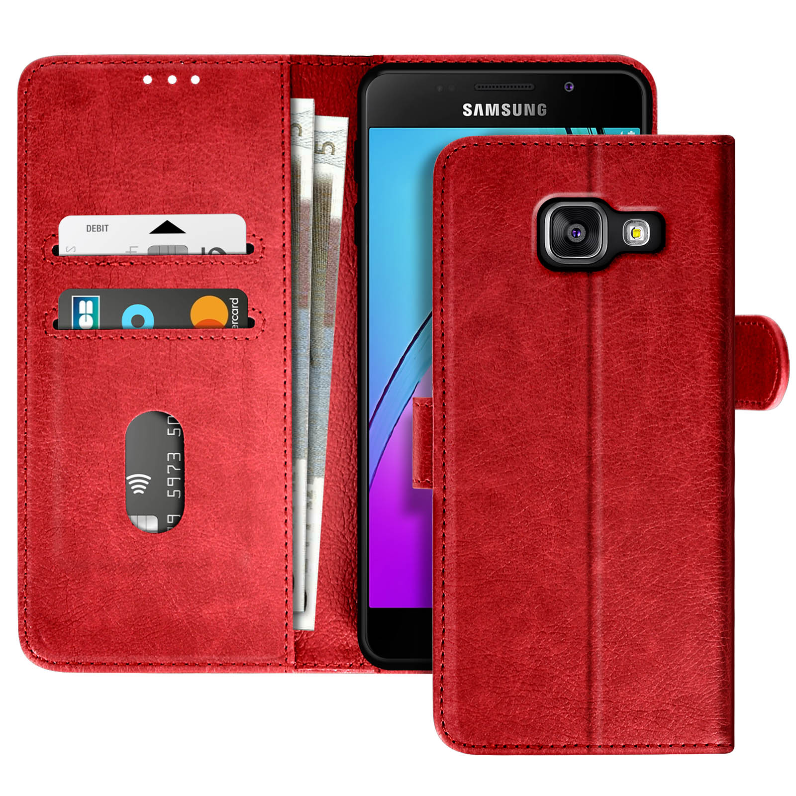 Funda de teléfono roja abierta, con tarjetas, dinero y un teléfono Samsung. El teléfono está a la derecha.