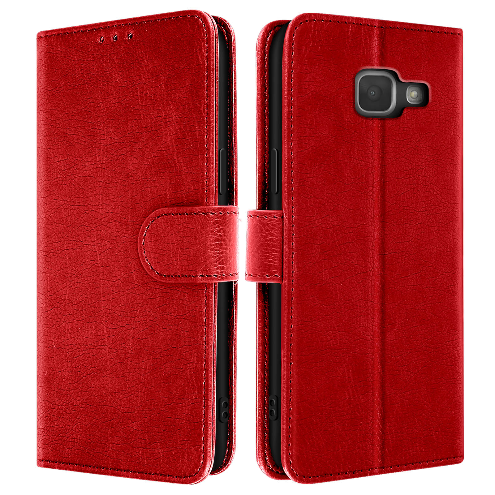 Una funda de teléfono de cuero roja, abierta, que muestra el interior del teléfono con ranuras para tarjetas y un teléfono.