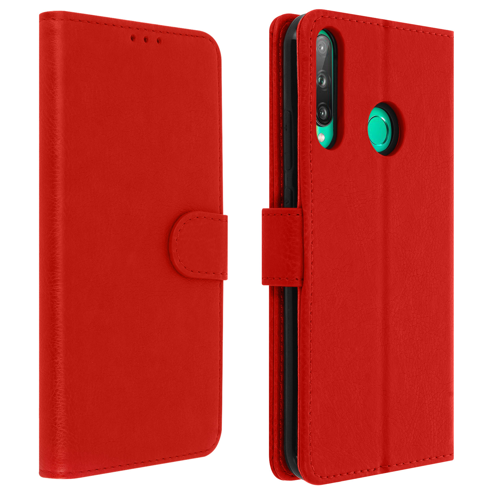 Custodia rossa per telefono, chiusa e aperta. Mostra il telefono all'interno.