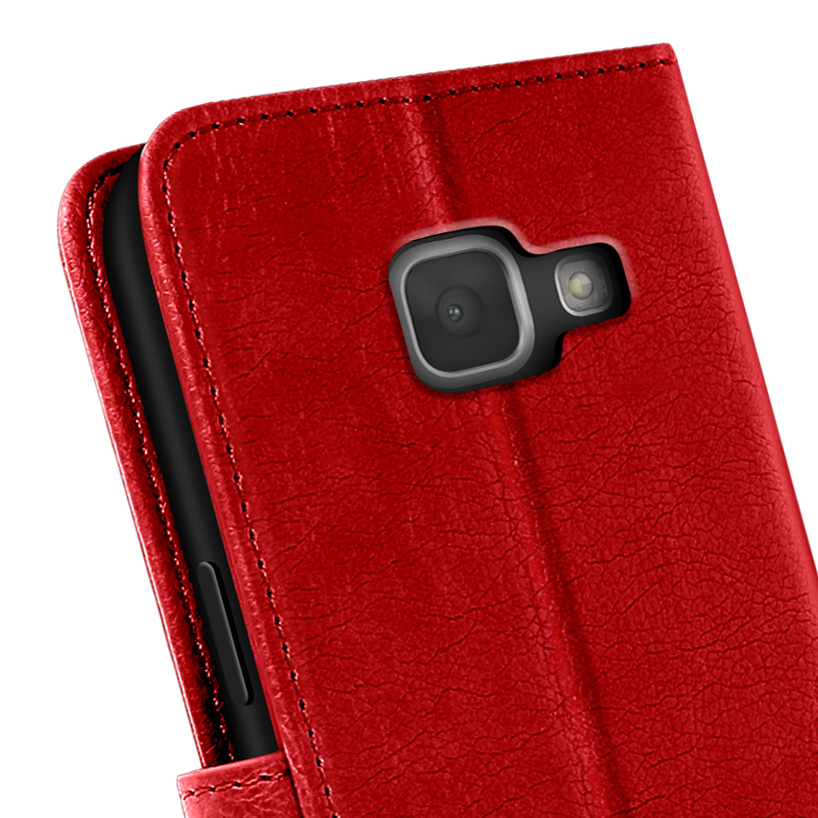 Funda de teléfono de cuero rojo, con la cámara del teléfono visible. La funda está abierta.