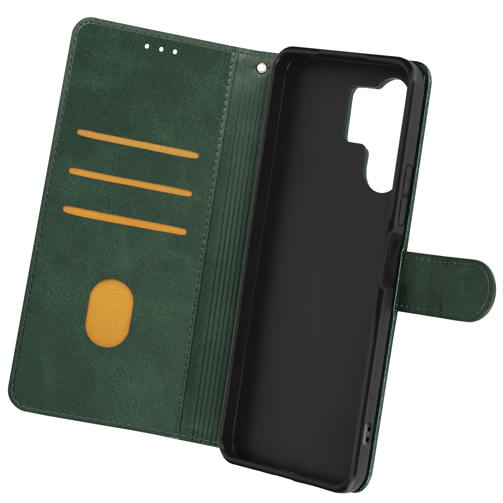 Custodia verde per telefono aperta, con scomparti per carte e supporto, interno nero.