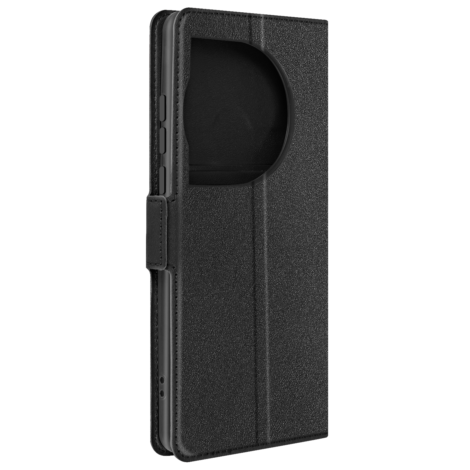 Una custodia per telefono nera, chiusa. Ha una superficie strutturata e una piccola apertura per la fotocamera.