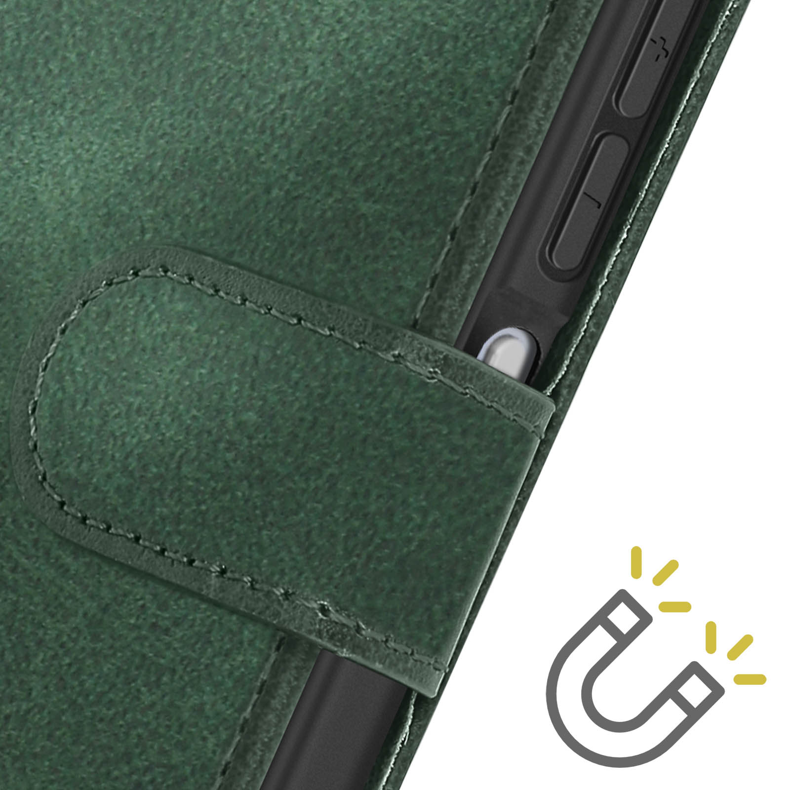 Custodia per telefono in pelle verde con cuciture e calamita. Tasti laterali visibili.